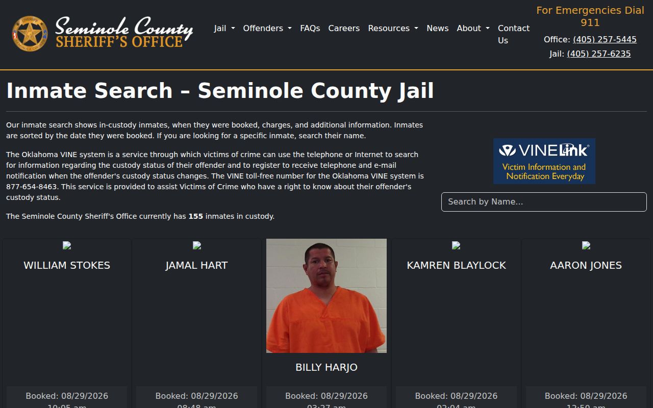 Seminole County Jail current booking roster search interface
