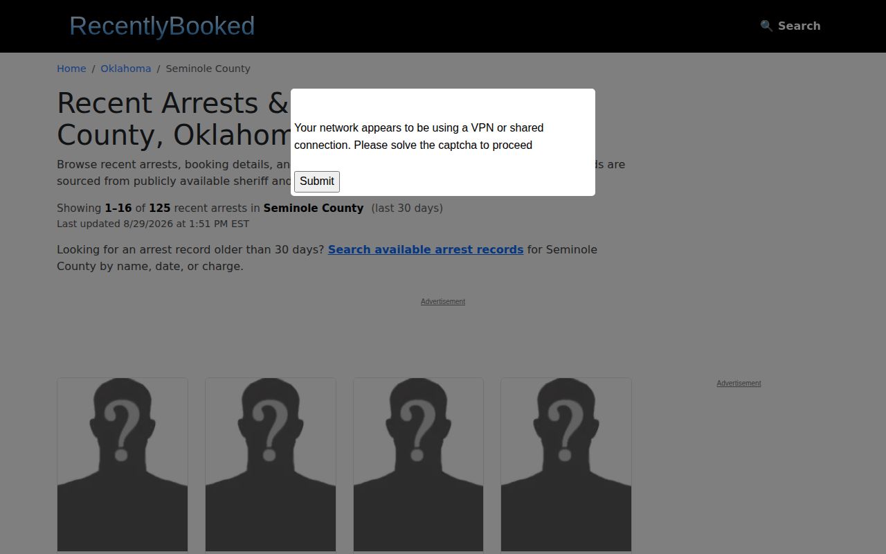Unofficial Seminole County recent booking source interface