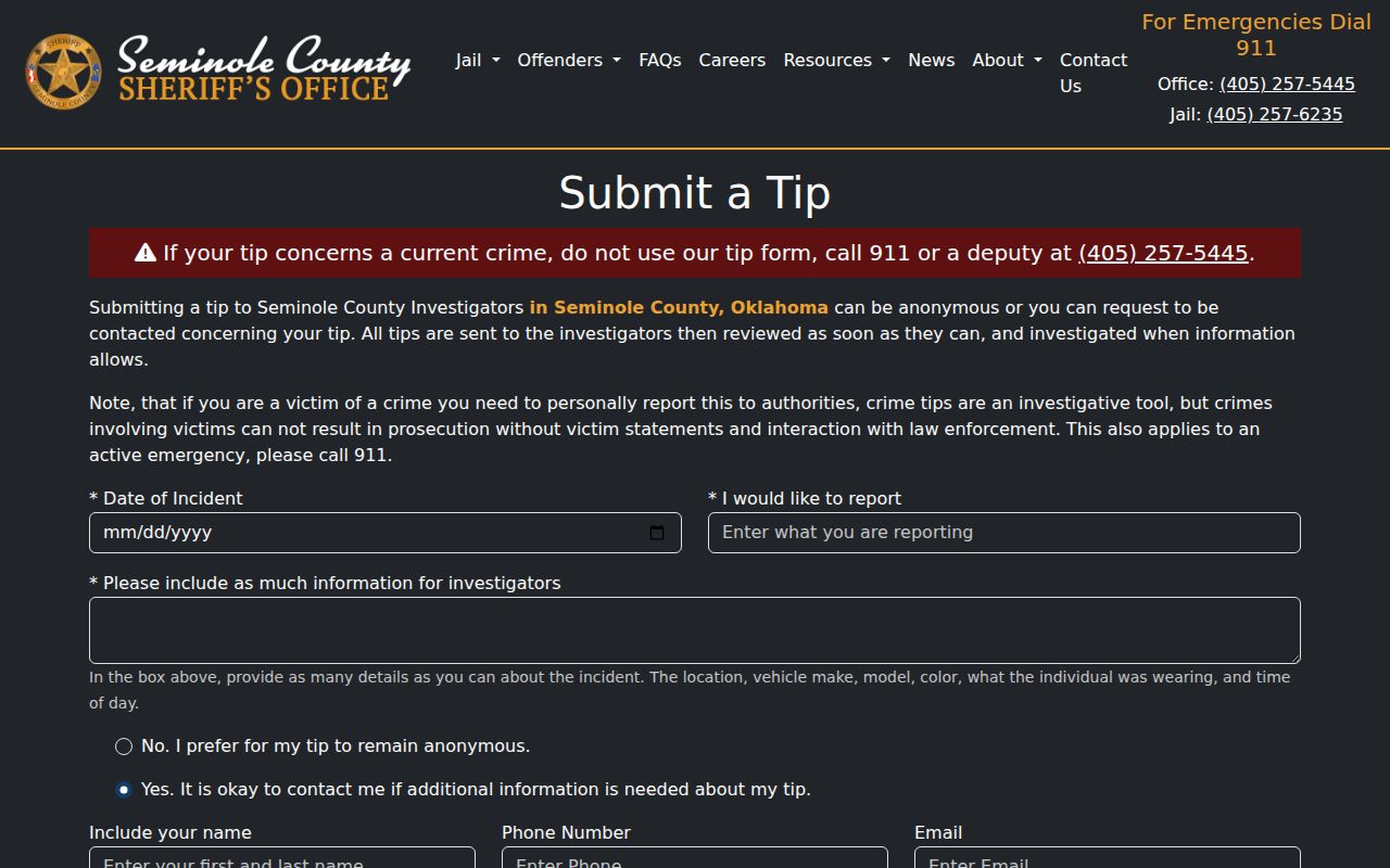 Seminole County sheriff official anonymous tip submission page